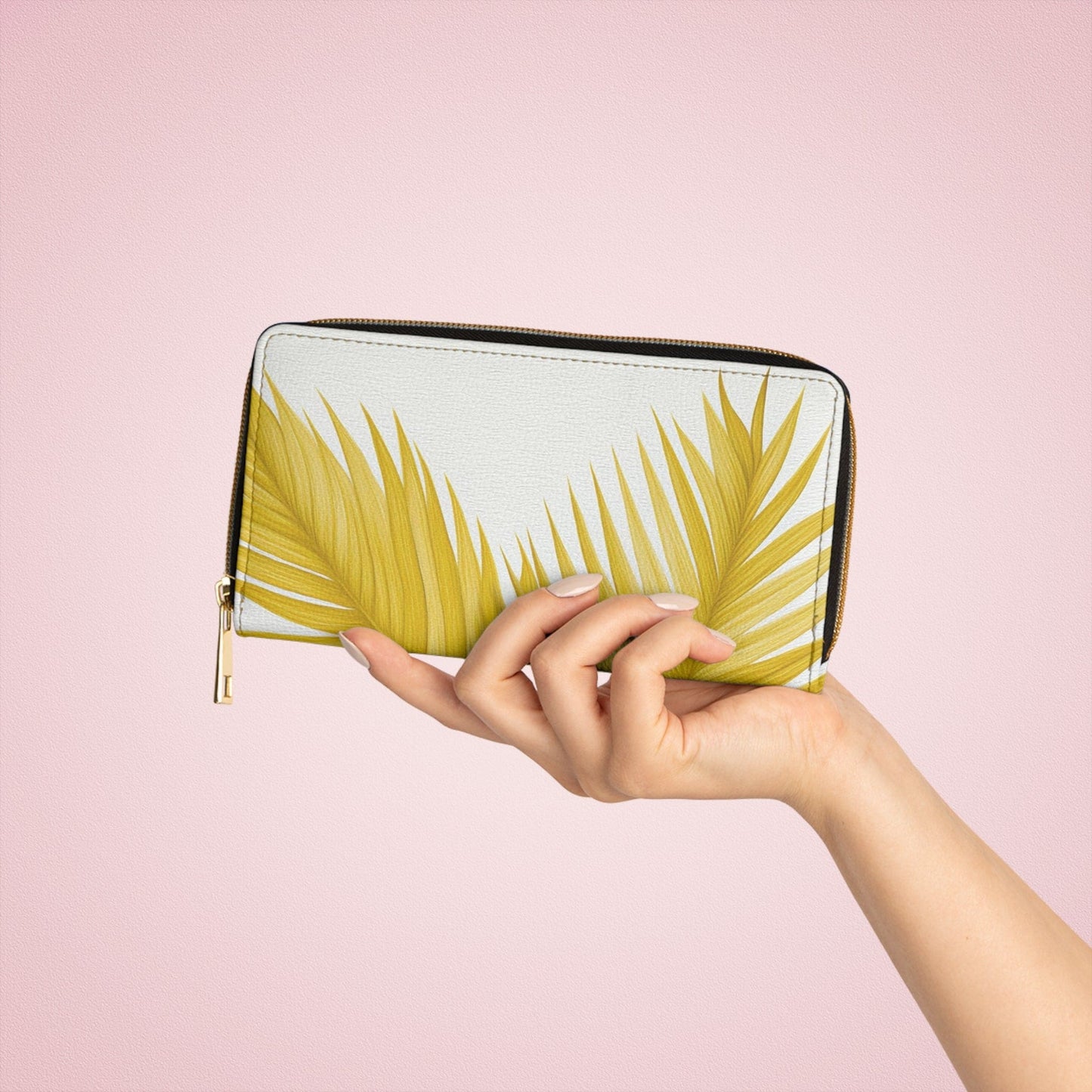 Yellow Palm Tree Leaves Minimalist Art Womens Zipper Wallet Clutch Purse