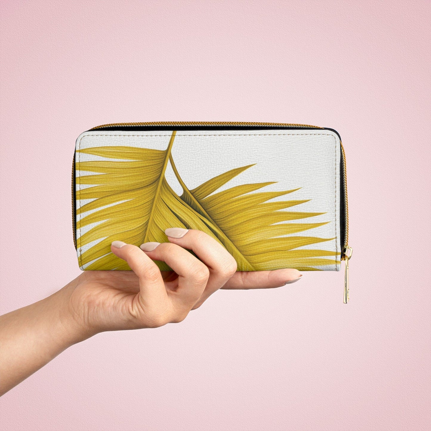 Yellow Palm Tree Leaves Minimalist Art Womens Zipper Wallet Clutch Purse