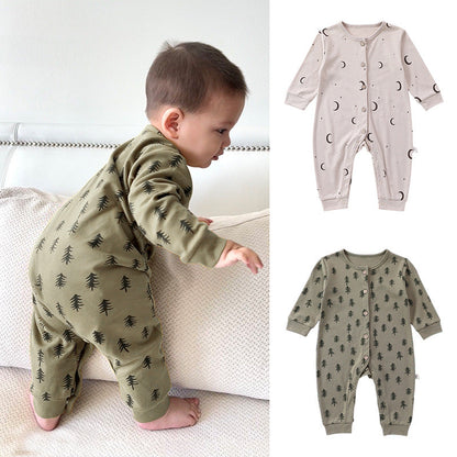 Spring Moon/Pine Trees Print Crew Neck Single Breasted Comfy Rompers-0