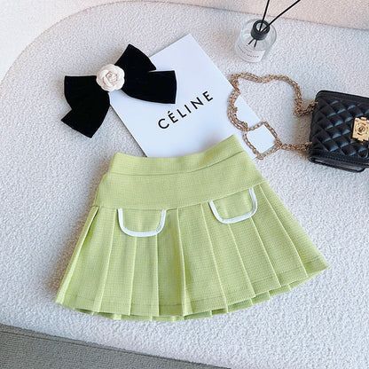 Girls Solid Green Ruffle Lace Neck Pockets Cardigan&Skirt Casual Sets-4